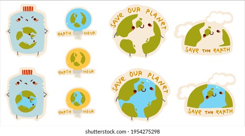 Zero waste eco lifestyle cute elements vector stickers set