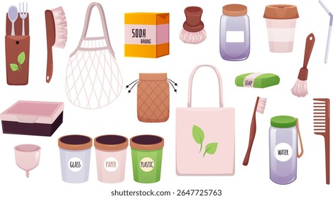Zero waste, ECO lifestyle, ecological elements collection. Reusable glass bottles, cutlery, cleaning and hygiene accessories, mesh bag. Cartoon illustrations set of reduce, reuse, recycle concept