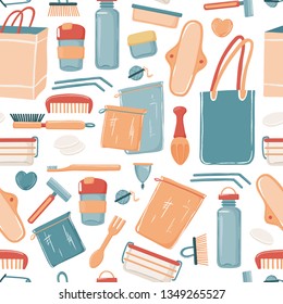 Zero Waste, eco lifestyle seamless pattern with canvas bag water bottle travel mug toiletries containers razor straws canvas and paper bags, vector illustration on white background