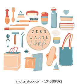 Zero Waste, eco lifestyle set of objects, canvas bag water bottle travel mug toiletries containers razor straws, vector illustration isolated on white background