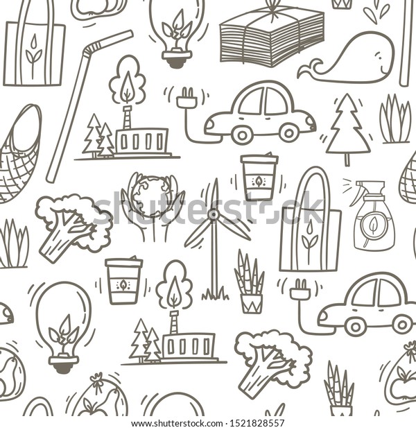 Zero waste and\
eco living theme seamless pattern hand drawn doodle style\
background with wind mill, electric car, cotton bag, green energy\
plant, organic broccoli etc. Stock\
vector