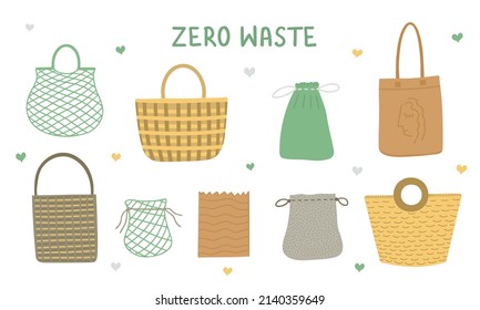 Zero waste, eco and shopping bags. Women's bags, cotton, straw bags and net bags, basket. Vector Illustration for backgrounds, packaging, posters and stickers. Isolated on white background.