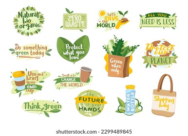 Zero waste eco stickers set vector illustration. Cartoon isolated eco friendly badges and labels design collection with motivation slogans of global environment protection and nature support