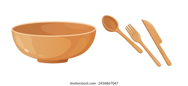 Zero waste eco wooden tableware includes fork, spoon, knife and bowl.