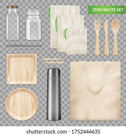 Zero waste ecological kitchen accessories realistic set canvas bag wooden plates cutlery transparent background vector illustration 