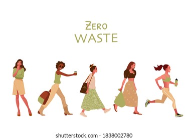 Zero waste ecology concept. Hand drawn female vector illustrations isolated on white background. Beautiful set of girls. 