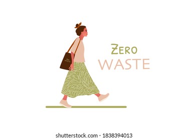 Concepto de basura cero o ecología Dibujo a mano ilustraciones vectoriales aisladas en fondo blanco. Hermosa chica caminando.