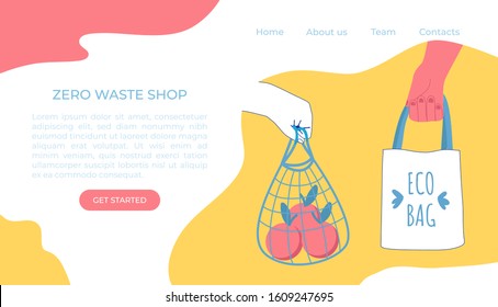 Zero waste ecology concept. Vector illustration. Household goods. Hands with eco shopper bag and string bag.