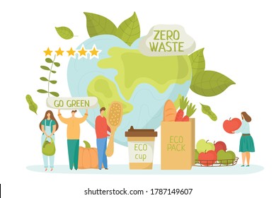 Zero waste for ecology environment, green recycle concept vector illustration. Save earth planet, flat natural clean recycling. Organic reduce and ecological care by friendly people.