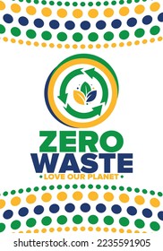 Zero Waste. Ecology poster. Refuse and Reduce. To Reuse and Recycle. Green January for environment. Eco friendly lifestyle. Save the planet. No plastic, only eco bag. Vector illustration