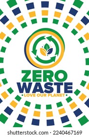 Zero Waste. Ecology poster. Refuse and Reduce. To Reuse and Recycle. Green January for environment. Eco friendly lifestyle. Save the planet. No plastic, only eco bag. Vector illustration