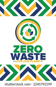 Zero Waste. Ecology poster. Refuse and Reduce. To Reuse and Recycle. Green January for environment. Eco friendly lifestyle. Save the planet. No plastic, only eco bag. Vector illustration