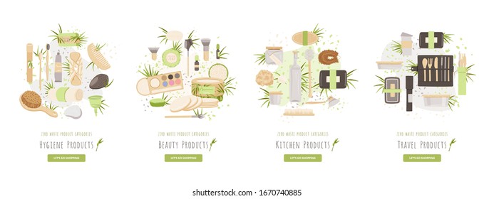 Zero Waste Ecology Product Category Vector Illustration - Travel Products, Beauty and Hygiene, Kitchen and household, House Cleaning Product reusable, recycle goods.