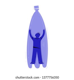 Zero waste, ecology protection vector illustration. Man trapped inside plastic bottle cartoon character. Garbage recycle, environment save drawing. Pollution problem isolated design element