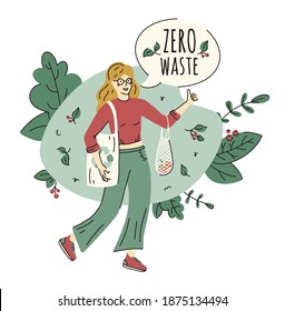 Concepto de vector de protección de residuos cero y ecología en el estilo Doodle con mujer ecológica