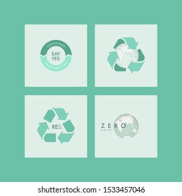 Zero waste. Ecology vector illustration. Vector recycling arrows with the Earth planet. Reuse Reduce Recycle. Conscious consumption. Neo mint eco background. Trash recycling logo.