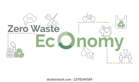 Zero waste economy banner in green and grey. Infographics, banner. Sustainable business model. Production, use, recycling. Vector illustration.