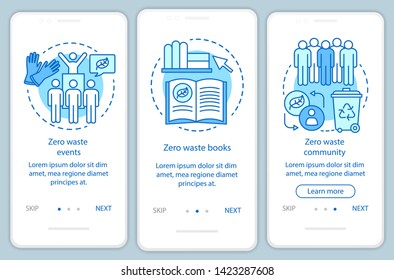 Zero waste education onboarding mobile app page screen vector template. Eco friendly lifestyle walkthrough website steps with linear illustrations. UX, UI, GUI smartphone interface concept
