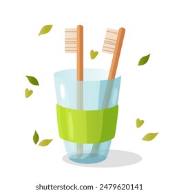 Elementos de basura cero con dientes de cepillo eco en copa de vidrio eco con hojas y corazones decorativos.