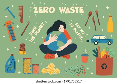 С recolección de elementos de basura cero. Muchacha abrazando el planeta. Ilustración dibujada a mano por vectores. Todos los elementos están aislados