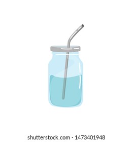 Zero Waste elements - glass jar with steel straw. Bring your own cup. No plastic. Hand drawn vector Illustration isolated on white background.