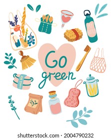 Zero waste elements. Go green concept. No plastic. Set of reusable products: string bag, cans, wooden brushes, lunch box, reusable bottle, sponges, cutlery. Save the planet. Eco lifestyle vector