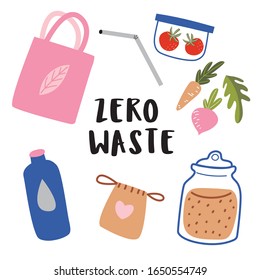 Zero waste elements. Hand drawn set of eco life illustration. Flat vector. Glass jar, eco grocery bag, thermo mug, vegetables, pocket bag, lunch box. Go green, no plastic, save the planet.