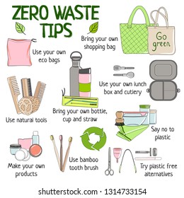 Zero waste elements. No Plastic, Eco lifestyle and Go Green concept. Hand drawn vector illustration