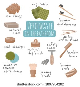 Zero waste elements set. Eco friendly design with recyclable and reusable products. Zero waste lifestyle icon for bathroom No plastic.  Vector illustration isolated on white background