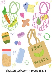 Zero waste elements set. Eco-friendly life. Use of environmentally friendly items for household needs. No plastic. The trend towards a conscious green life. Minimization of consumption