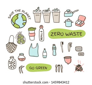 Zero waste elements set with fabric bags, glass jars, menstrual cup. Eco lifestyle concept, vector doodle design