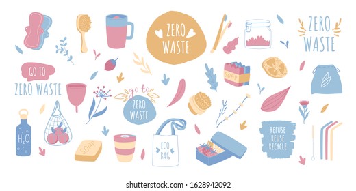 Zero waste elements set. Household goods, shopper bags and hygiene items. Hand drawn style. Reuse concept. Vector illustration.