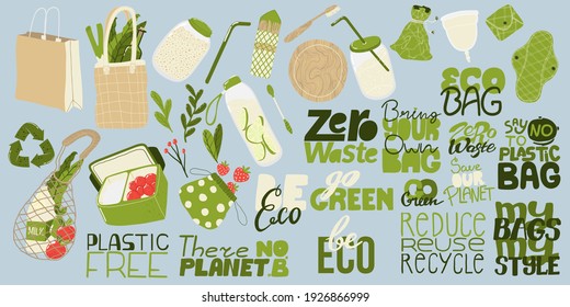 Zero waste elements and slogan collection. Eco friendly stickers and lettering. Reusable items products bundle. Sustainable living. Environmental Awareness. Vector illustration in flat cartoons design