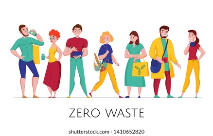 Zero waste environmental conscious plastic free eco friendly people wearing natural  clothing flat horizontal set vector illustration 