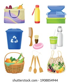 Zero Waste Everyday Items with Purchase Bag and Water Bottle as Reused Objects Vector Set
