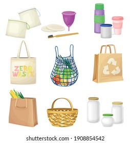 Zero Waste Everyday Items with Shopping Bag and Water Flask as Reused Objects Vector Set