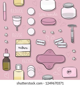 zero waste female bathroom kit hand drawn colorful vector seamless pattern on pink background