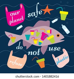 Zero waste fish. Flat vector illustration. Vector concept. Recycling illustration. Reduce, reuse, recycle waste. Shopping sign symbol. Recycle ecology icon. Environment vector illustration. pattern