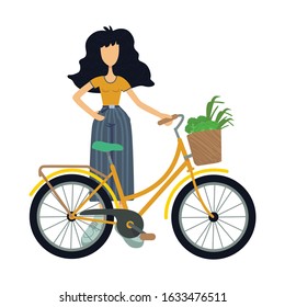 Zero waste flat cartoon vector illustration. Standing woman in casual wear. Eco transport. Cycling. Ready to use 2d character template for commercial, animation, printing design. Isolated comic hero