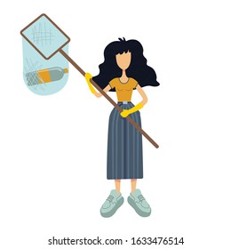 Zero waste flat cartoon vector illustration. Standing woman. Volunteer holds net with garbage. Ready to use 2d character template for commercial, animation, printing design. Isolated comic hero