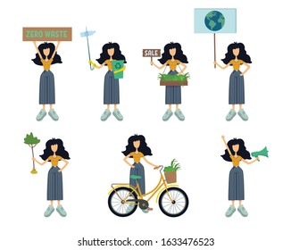 Zero waste flat cartoon vector illustrations kit. Environment protection. Volunteering. Standing woman. Eco transport. Ready to use 2d comic character set templates for commercial, animation, printing