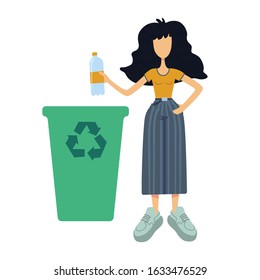 Zero waste flat cartoon vector illustration. Woman throws plastic bottle into bin. Recycling. Ready to use 2d character template for commercial, animation, printing design. Isolated comic hero
