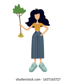 Zero waste flat cartoon vector illustration. Standing woman holds sapling. Gardening. Tree planting. Ready to use 2d character template for commercial, animation, printing design. Isolated comic hero