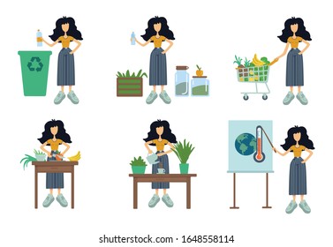 Zero waste flat cartoon vector illustrations kit. Standing woman. Healthy cooking. Global warming awareness. Herbal tea. Ready to use 2d comic character set templates for commercial, printing