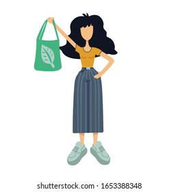 Zero waste flat cartoon vector illustration. Young woman holding green eco bag with leaf. Ready to use 2d character template for commercial, animation, printing design. Isolated comic hero