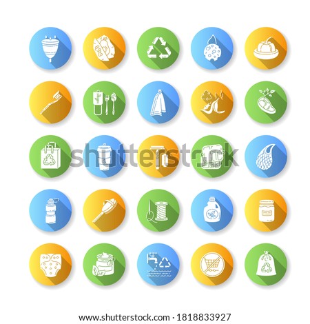 Zero waste flat design long shadow glyph icons set. Eco friendly lifestyle, anticonsumerism. Environment conservation and responsible consumption. Silhouette RGB color illustrations