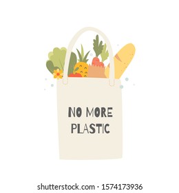 Zero waste flat drawing. No plastic banner. Eco bag with vegetables. Vector concept illustration. Motivation poster, activism.  Isolated on white background.