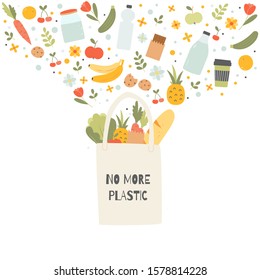 Zero waste flat drawing. No plastic banner. Eco bag with vegetables. Vector concept illustration. Motivation poster, activism.  Isolated on white background. Big set.