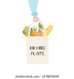 Zero waste flat drawing. No plastic banner. Hand with eco shopping bag with vegetables. Vector concept illustration. Motivation poster, activism.  Isolated on white background.