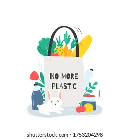 Zero waste flat drawing. No plastic banner. Eco bag with vegetables. Vector concept illustration. Motivation poster, activism.  Isolated on white background.